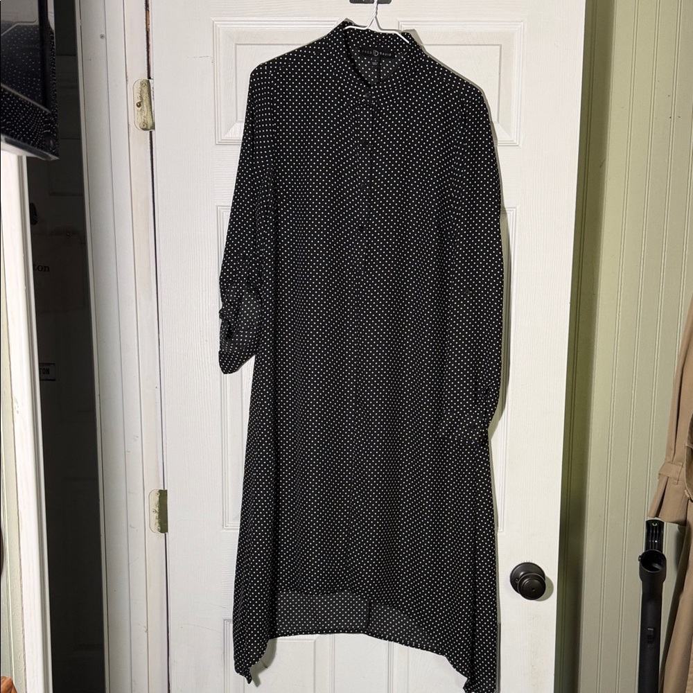 Fred David Black Dress with White Polka Dots — Long Sleeve Midi Shirt Dress